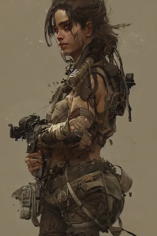 Image similar to A full portrait of a beautiful post apocalyptic commando, intricate, elegant, highly detailed, digital painting, artstation, concept art, smooth, sharp focus, illustration, art by Krenz Cushart and Artem Demura and alphonse mucha