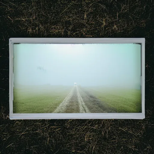 Prompt: a pastel coloured Polaroid photo of a minimalist cubic neon piano made of transparent perspex in a field, beams of light, nostalgic, morning fog, centre-frame