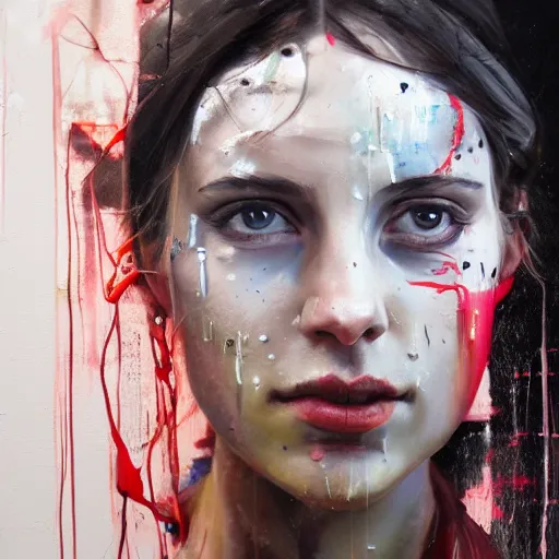 Prompt: portrait of a woman, paint spit on canvas, by alexa meade and lee ellis, highly detailed, sharp, in focus, matte painting, mixed media