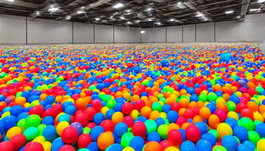 Prompt: an empty warehouse with a kiddie pool filled with colorful plastic balls