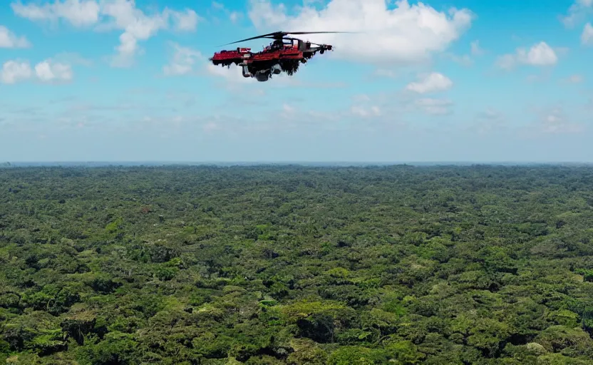 Prompt: big skyscraper hover hover over the jungle and ocean, large scale photo