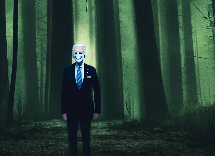 Image similar to joe biden as slenderman in forest, creepy joe biden, tall trees, night, creepy, horror, movie still, dark, haunted, cinematic lighting, ray tracing, octane render, long lens, shallow depth of field, bokeh, anamorphic lens flare, 8 k, hyper detailed, 3 5 mm film grain