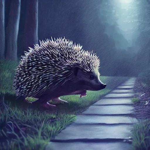 Image similar to hedgehog running into the bushes in sweden in the darkness, digital art, cinematic lighting, trending on artstation, very detailed