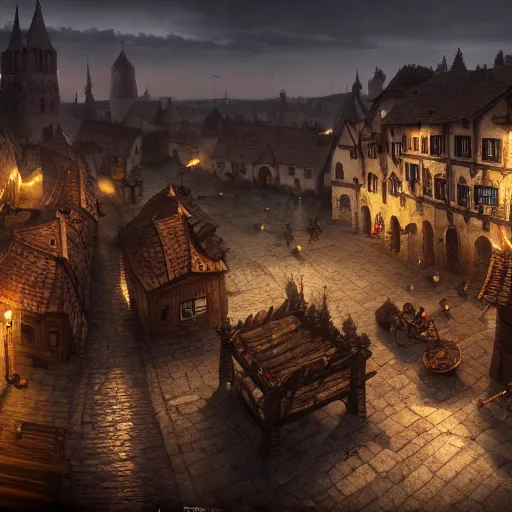 Prompt: a friendly medieval town, at evening, extreme wide angle shot, Long shot, hyper realistic, hyper detailed, realistic picture, epic game, Complex massive detail, octane render