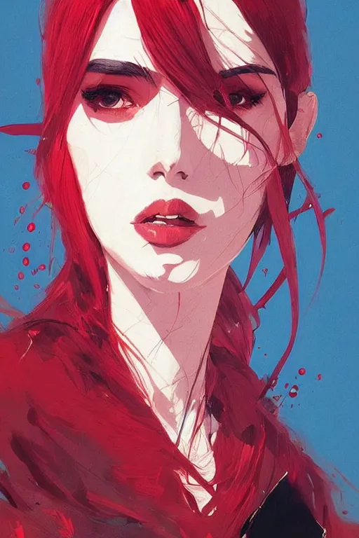 Image similar to a ultradetailed beautiful painting of a stylish female snyth, by conrad roset, red and black, greg rutkowski and makoto shinkai trending on artstation