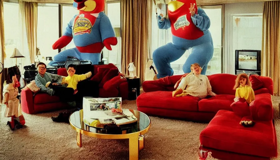 Image similar to 1990s candid 35mm photo of a beautiful day in the living room, cinematic lighting, cinematic look, golden hour, a very large, oversized magical salesman mascot is hanging out of the TV and trying to sell the family a car, salesman mascot is a very large giant, there is an expensive sports car in the living room, portal energy is coming out of the TV, UHD