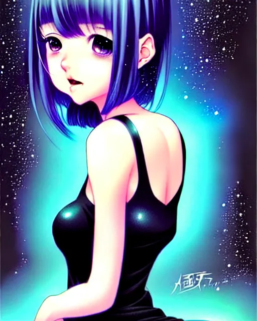 Image similar to portrait of an attractively cute young woman with amazingly dyed medium length hair wearing a short tight black dress think about the galaxy, art by Range Murata and Artgerm.