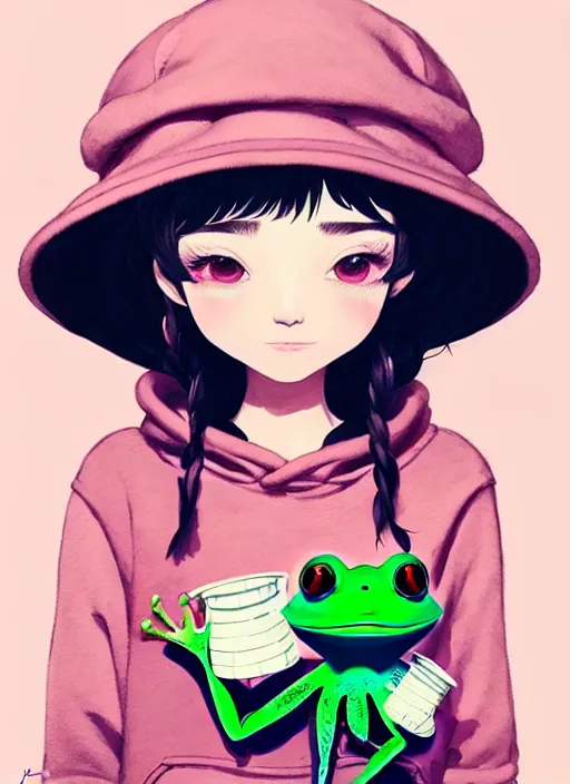 Image similar to highly detailed portrait of a cute fairy girl with a bucket hat holding a frog plushie, tartan hoody, photographic realistic background, ringlet hair by atey ghailan, by greg rutkowski, by greg tocchini, by james gilleard, by joe fenton, by kaethe butcher, gradient pink, cream, celeste and white color scheme, trending in instagram, award winning details