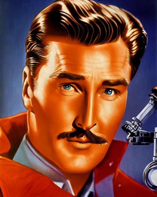 Prompt: Errol Flynn as a scientist. 1980s dystopian Soviet Russia, propaganda screens. Unreal engine, fantasy art. Faithfully depicted facial expression, perfect anatomy global illumination, radiant light, detailed and intricate environment