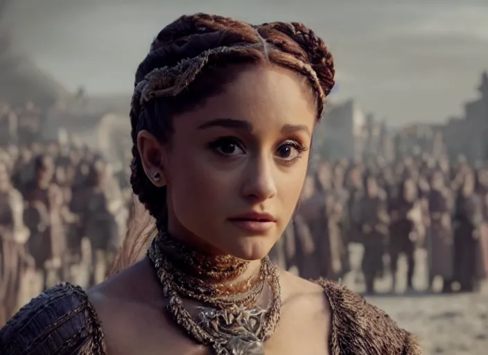 Prompt: ariana grande in game of thrones as a merchant movie still, cinematic lighting, ray tracing, octane render, long lens, shallow depth of field, bokeh, anamorphic lens flare, 8 k, hyper detailed, 3 5 mm film grain