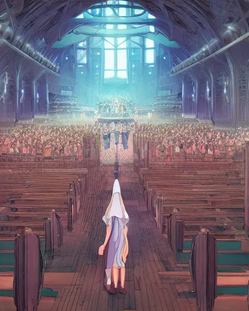 Prompt: moebius and ghibli digital matte art of a crowd in a futuristic church, priest, pews, ethereal, inviting, bright, unreal engine, hyper realism, realistic shading, cinematic composition, realistic render, octane render, detailed textures, photorealistic, wide shot