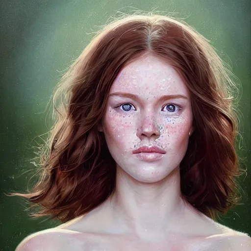 Prompt: Facial portrait of a pretty cottagecore girl, looking at the camera, slight awkward smile, lips slightly parted, very light freckles, no hands visible, extremely detailed painting by Greg Rutkowski and by Steve Henderson and by Harumi Hironaka