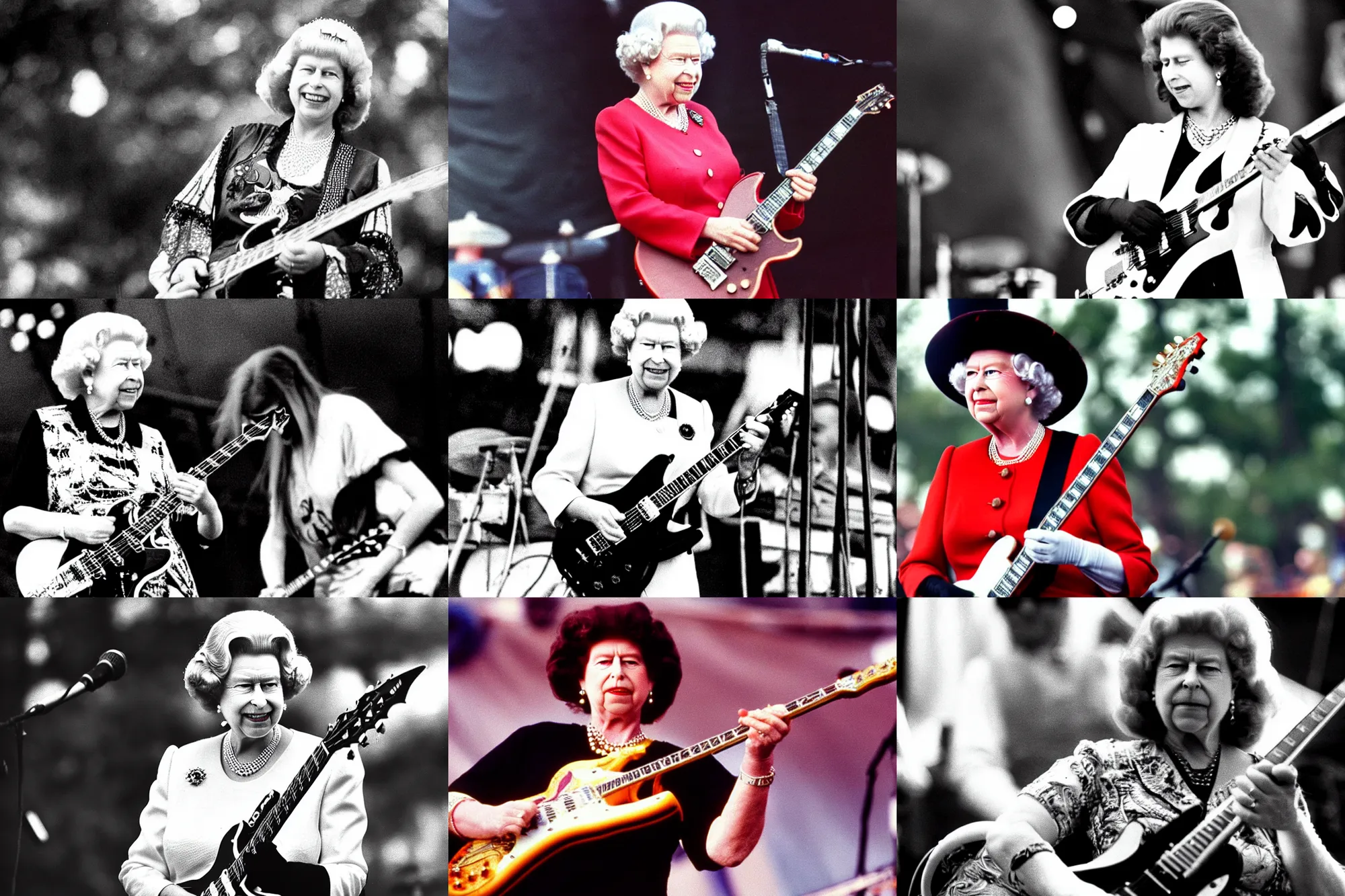 Prompt: queen elizabeth playing heavy metal guitar on stage at a festival, 1 9 9 0 s photograph, depth of field, bokeh