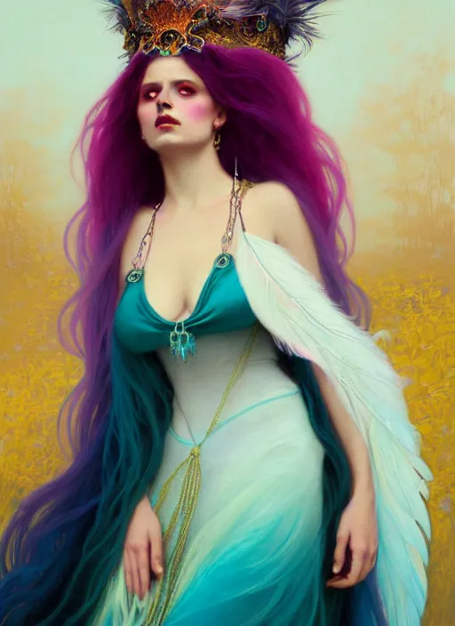 Image similar to ombre velvet gown, cyan, feathers, lovely bohemian princess, portrait, long white hair, tiara, dozens of jeweled necklaces, feral languid woman, by greg rutkowski, brom, anato finnstark, alphonse mucha