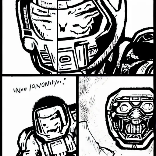 Image similar to doomguy in the style of inio asano