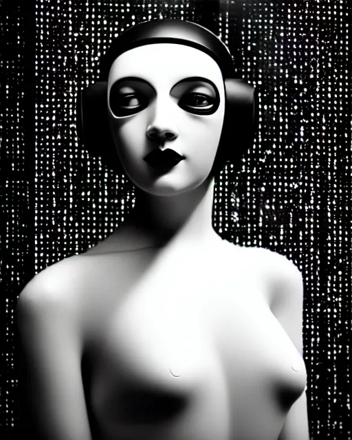 Image similar to black and white dreamy young beautiful female artificial intelligence, metropolis, cinematic, rim light, bokeh, photo - realistic, elegant, high detail, 8 k, masterpiece, photo taken in 1 9 3 0, inspired by cecil beaton