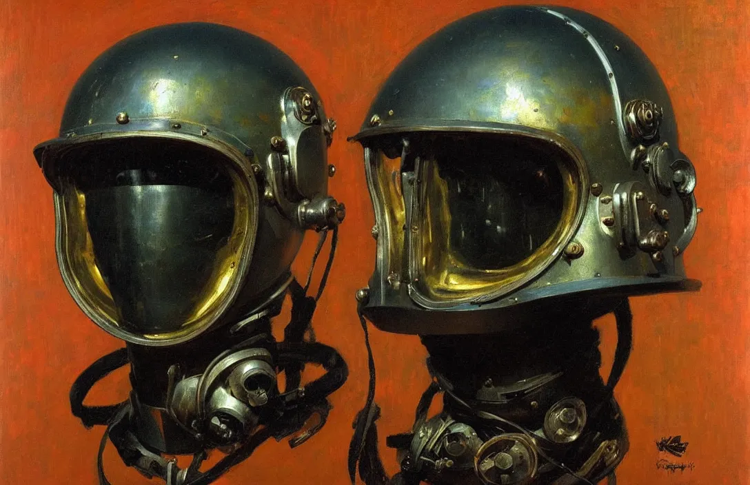 Image similar to portrait of deep sea diver helmet!!!!!!!!!!!!!!!!!!!!!!!!!!!, detailed face, detailed painting, epic lighting, by ilya repin, phil hale and kent williams