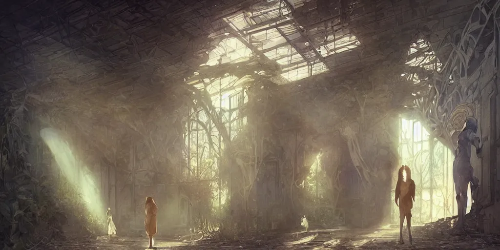 Image similar to “two figures enter abandoned derelict stadium, volumetric rays, wide angle, cinematic lighting, intricate, elegant, highly detailed, digital painting, artstation, sharp focus, illustration, art by artgerm and greg rutkowski and alphonse mucha and Wayne Barlowe and william-adolphe bouguereau ”