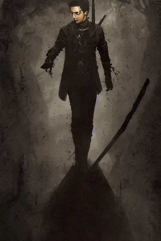 Prompt: Aramis Knight as a vampire hunter full body portrait, seductive, sexy, foggy, London, intricate, wooden stake, silver cross, digital painting, old english, raining, sepia, particles floating, whimsical background by marc simonetti, artwork by liam wong