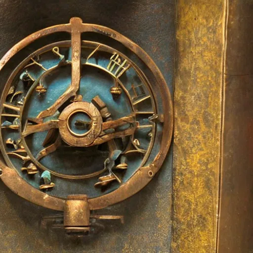 Prompt: a martian artifact of a mechanical astrological machine in a museum with a placard, bronze, old, alien, verdigris, mechanical