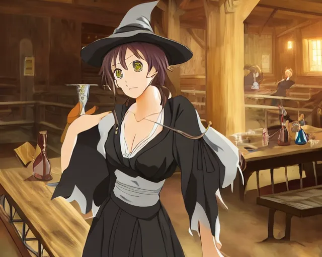 Image similar to key anime visual portrait of a young female witch in a tavern interior defending a companion, dynamic pose, dynamic perspective, cinematic, dramatic lighting.