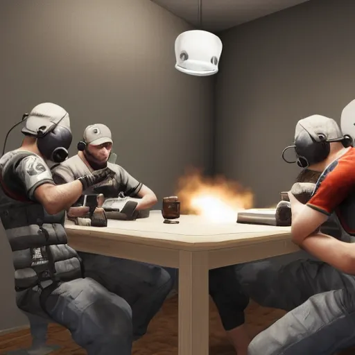 Image similar to photorealistic picture of 5 guys playing counter strike in small room in a team called okayboomers raging and drinking coffee, russia, diversity, grayscale, masterpiece