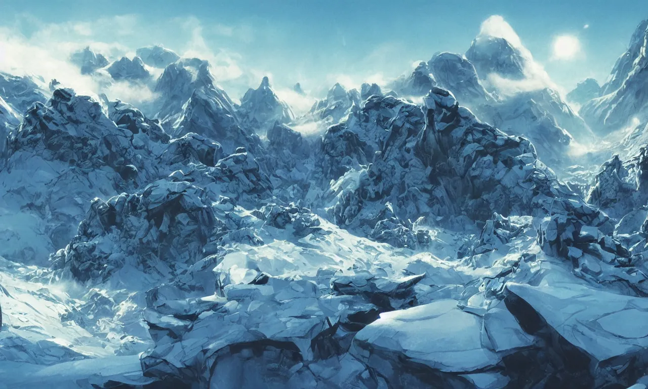 Prompt: frozen planet with mountains in clouds on the background, ravine in front, science-fiction, cinematic lighting, cinematic angle, Syd Mead, John Harris, Federico Pelat, daylight, blue sky