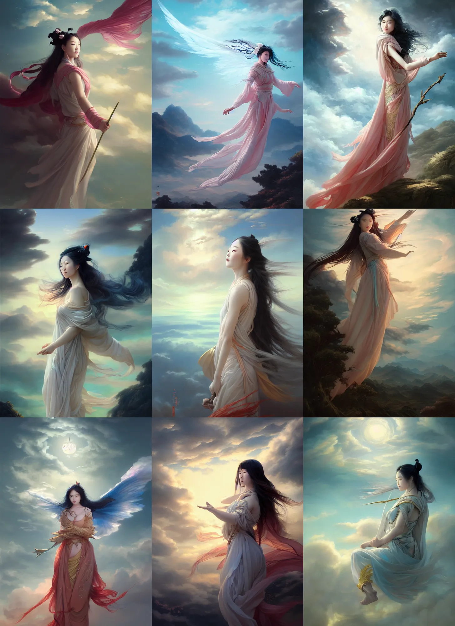 Prompt: illustration of chinese fairy in the sky, wuxia, mysterous, clouds swirling, detailed, sky setting, volumetric lighting, by artgerm, joshua middleton, jeremy lipking