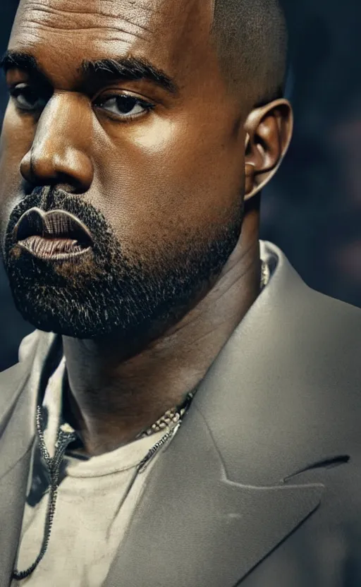Prompt: Portrait of Kanye West as a mobster in Fallout New Vegas, splash art, movie still, cinematic lighting, dramatic, octane render, long lens, shallow depth of field, bokeh, anamorphic lens flare, 8k, hyper detailed, 35mm film grain