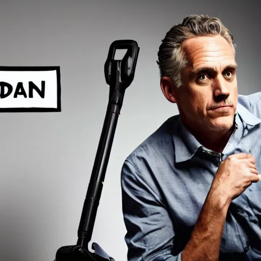 Prompt: Jordan Peterson cleans his room with a vacuum, motivational poster, inspirational art, high detail, realistic, mid shot, open, sharp