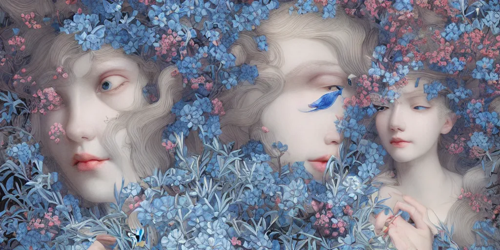 Prompt: breathtaking detailed concept art painting art deco pattern of blonde faces goddesses amalmation light - blue flowers with anxious piercing eyes and blend of flowers and birds, by hsiao - ron cheng and john james audubon, bizarre compositions, exquisite detail, extremely moody lighting, 8 k