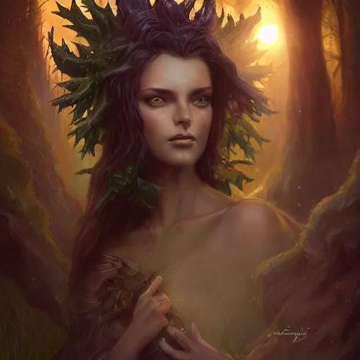 Prompt: cinematic portrait, dryad sacred singer, inspired by brian froud, inspired by dungeons and dragons, mysterious, in an evening autumn forest, trending on art station, sunset evening lighting, ominous shadows by jessica rossier, gaston bussiere