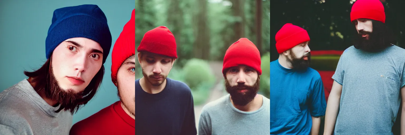 Prompt: Two men, one is wearing a blue beanie and the other is wearing a red beanie, both are wearing a black shirt, shot on portra 800 film stock