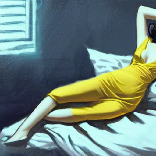 Prompt: beautiful, fine by ross tran deep yellow, 1 9 4 0 s. a conceptual art of a woman reclining on a bed.