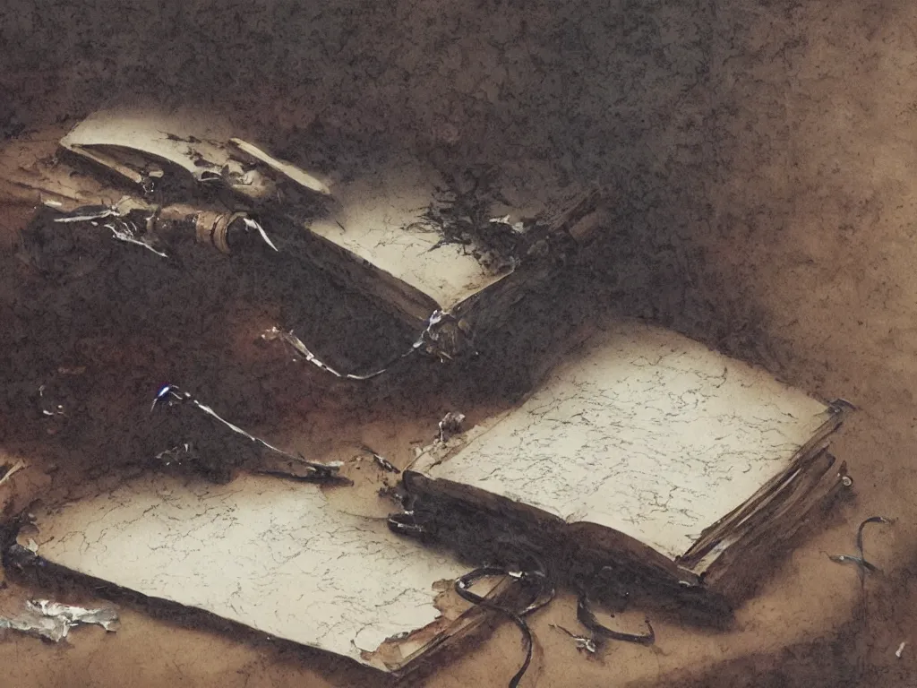 Image similar to detailed painting of a book bleeding ink onto a desk, by John Howe and Krenz Cushart