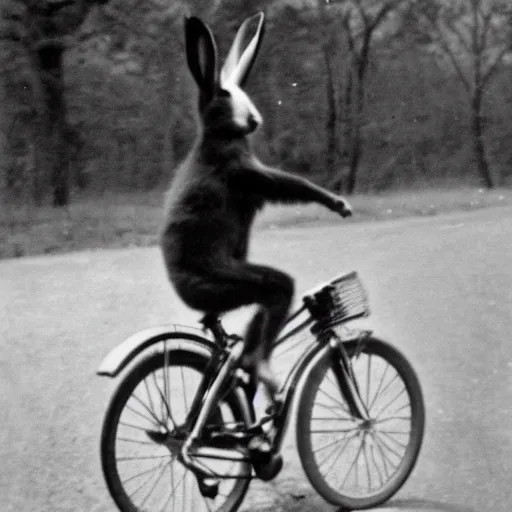 Prompt: a grainy, vintage black and white photograph of a rabbit riding a bicycle