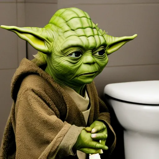 Image similar to yoda sitting on toilet