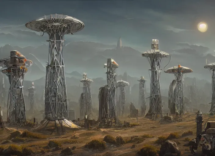 Prompt: a group of strange looking communications towers, a detailed matte painting by Jason A. Engle, cgsociety, afrofuturism, matte painting, concept art, sci-fi