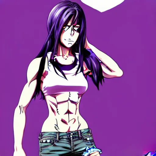 Image similar to style of madhouse studio anime, black lagoon manga, loish, artgerm, comic art, portrait of revy from black lagoon, symmetrical eyes and symmetrical face, jean shorts, white tank top, purple hair, sarcastic evil smirk on face, sky and ocean background