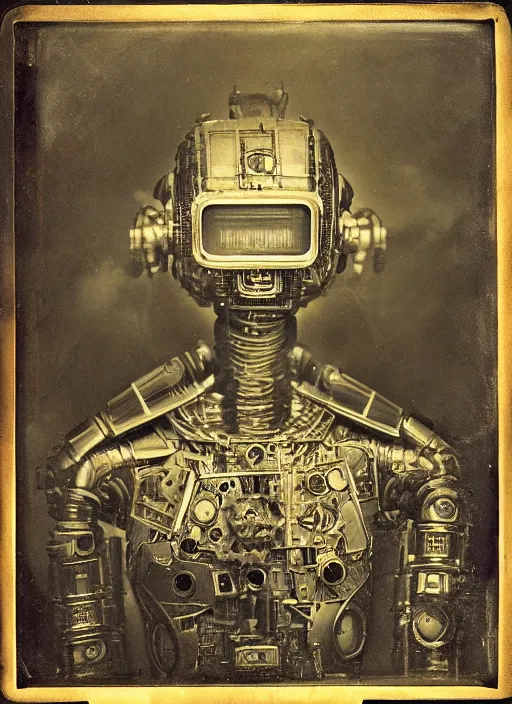 Image similar to old wetplate daguerreotype portrait of futuristic robot, explosion of data fragments, fractal, intricate, elegant, highly detailed, parallax, leica, medium format, subsurface scattering, by jheronimus bosch and greg rutkowski and louis jacques mande daguerre