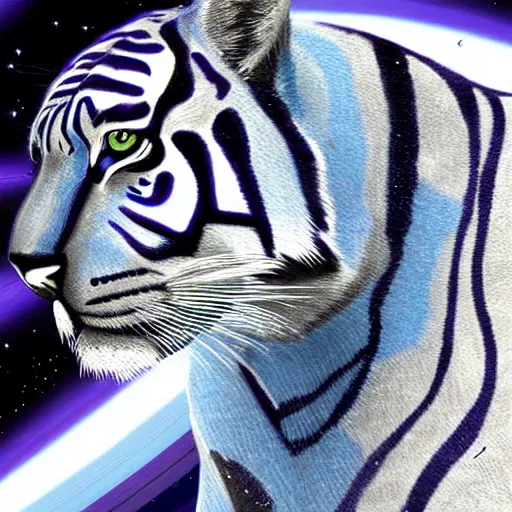 Prompt: Blue tiger in space next to Saturn, high resolution, trending on art station, realistic, detailed