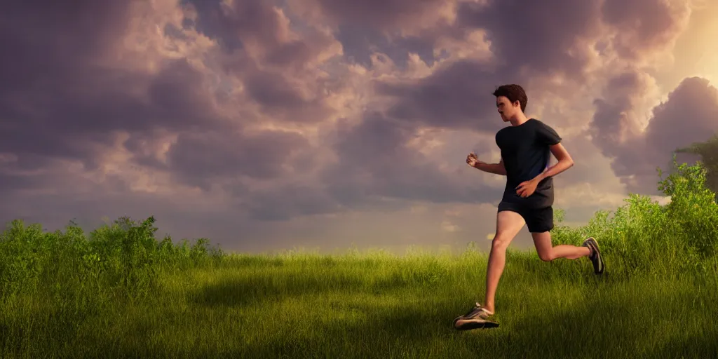 Image similar to Render of a young man running through a lush green countryside, with the sun setting over the sea, trending on artstation, 4k, soft focus