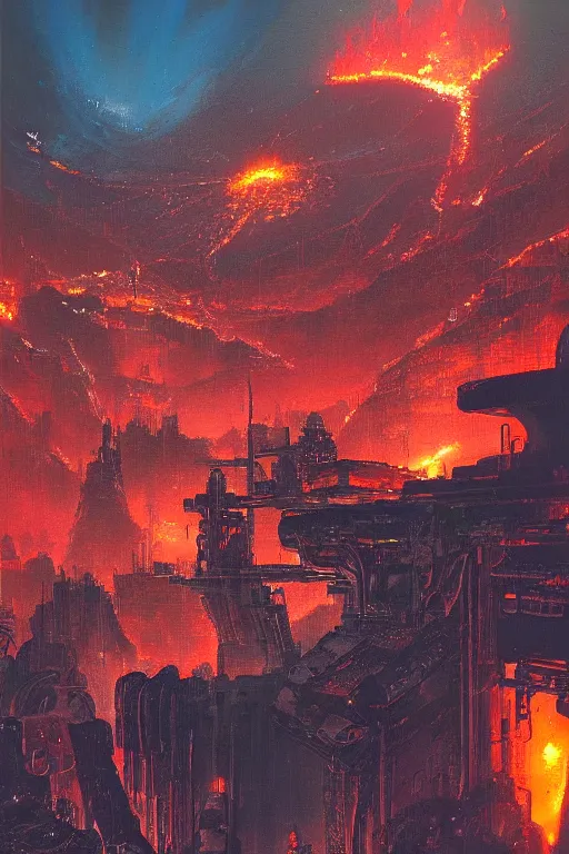 Image similar to a cyberpunk city in the crater of a volcano, lava flowing, smoke, fire, neon, industrial, by paul lehr, jesper ejsing