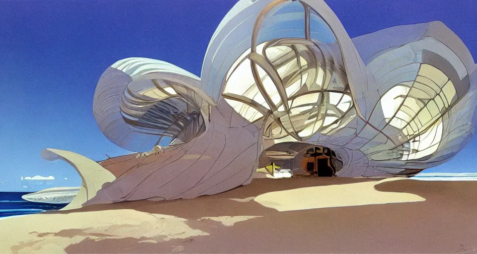 Image similar to nacre seashell house, atmospheric cinematography by syd mead and chuck jones