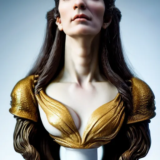 Image similar to photo taken of an epic intricate, ultra detailed, super realistic bust of a majestic gracious regal aristocratic brunette female vampire created by weta workshop, menacing, some zoomed in shots, photorealistic, sharp focus, white wall, extremely cold blueish colour temperature, 3 5 mm, f 1. 4, golden ratio