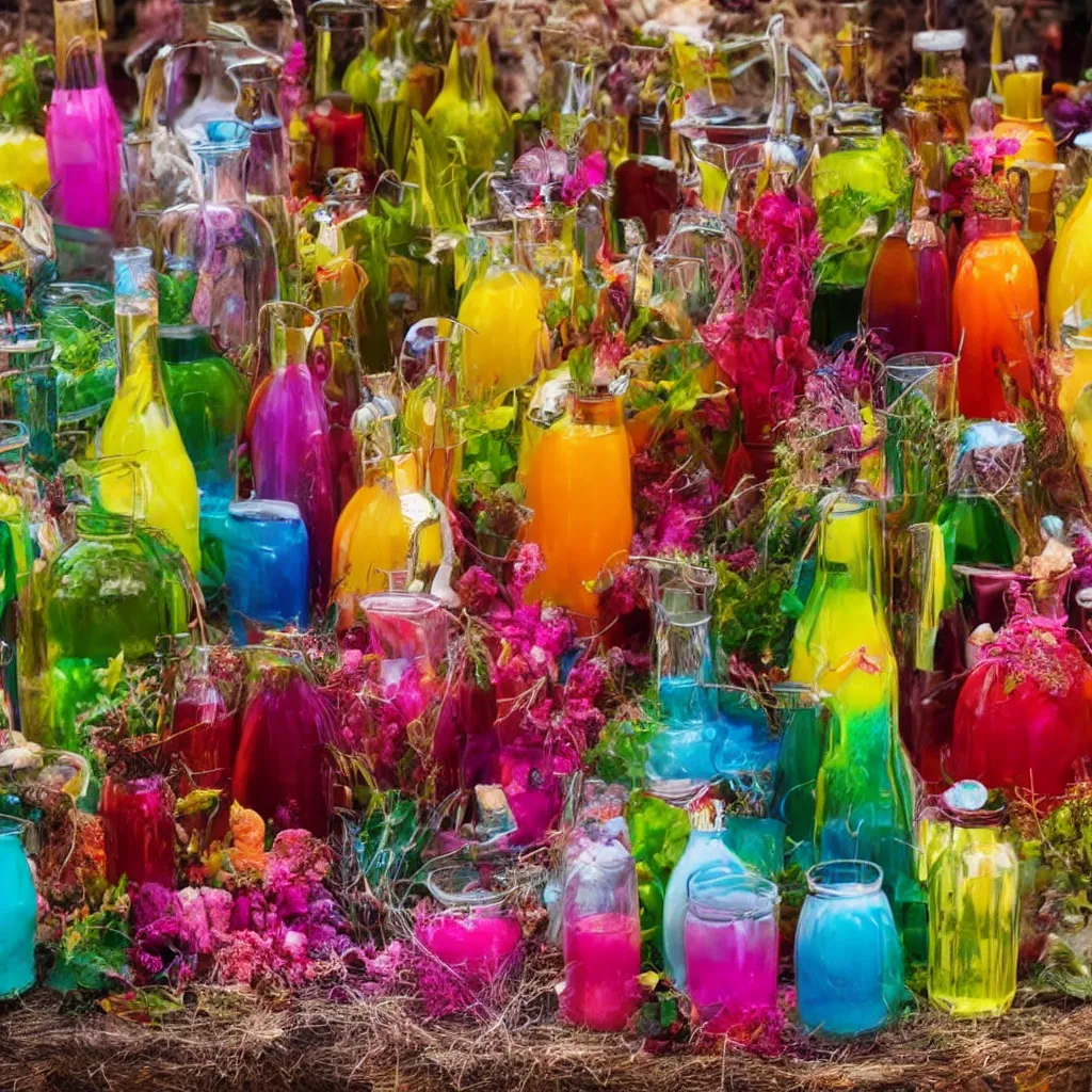 Image similar to colorful potions at the harvest festival, hyper realistic, 8 k