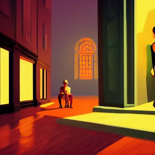 Prompt: surreal nightmare in the darkness, by Edward Hopper and James Gilleard, highly detailed