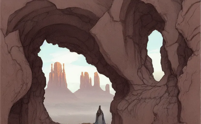 Prompt: a hyperrealist watercolor concept art of a medieval monk in grey robes in monument valley looking through a rock arch through a portal to a catle in an alien world. very muted colors, by rebecca guay, michael kaluta, charles vess. high detail, hq, wide shot, 4 k