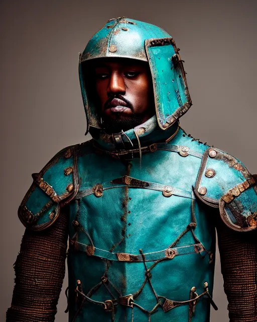 Prompt: an award - winning photo of a ancient male model wearing a plain baggy teal distressed medieval designer menswear leather jacket slightly inspired by medieval armour designed by kanye west, 4 k, studio lighting, wide angle lens