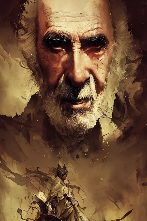 Image similar to christopher lee, evil sorcerer, lord of the rings, tattoo, decorated ornaments by carl spitzweg, ismail inceoglu, vdragan bibin, hans thoma, greg rutkowski, alexandros pyromallis, perfect face, fine details, realistic shaded